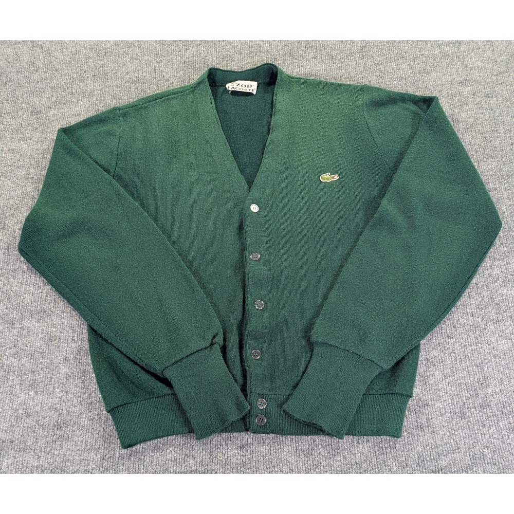 Vintage Izod Lacoste Mens Green Cardigan Sweater Crocodile Logo Size Large USA